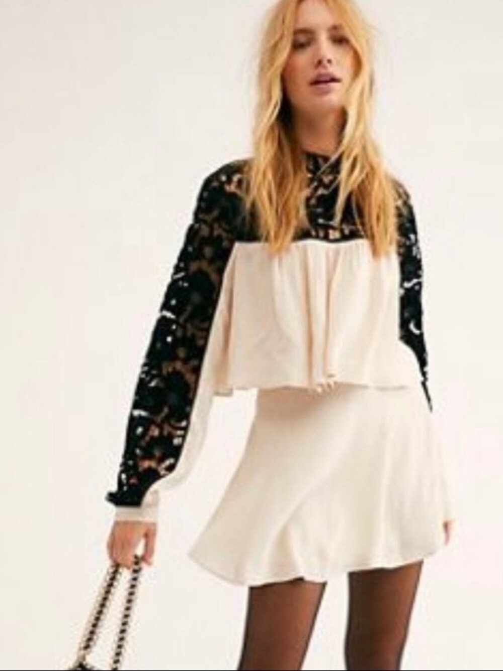 Free People Cream Black Two Hearts Velvet Top Only
